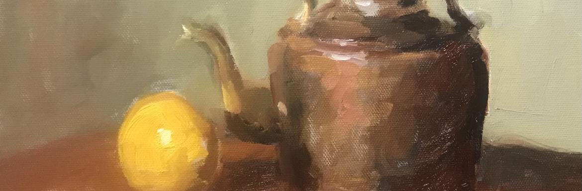 Painting of a teakettle and lemon