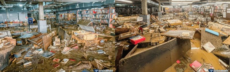 Two pictures of library flooding damage, both showing water and mud on the floor, overturned tables, and debris.