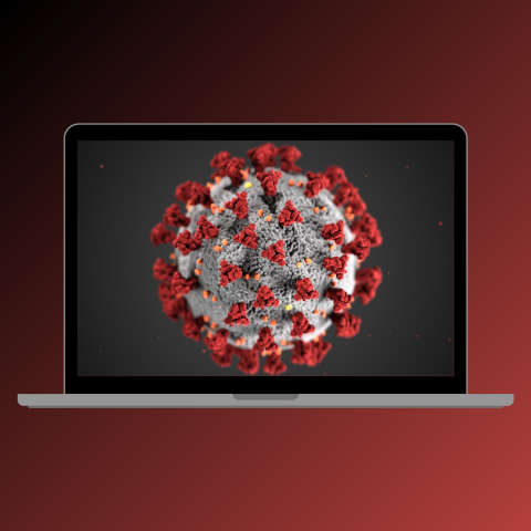 A laptop showing a picture of the coronavirus