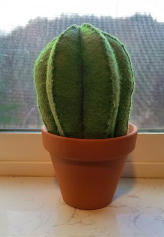 A terracotta pot with a felt barrel cactus inside.