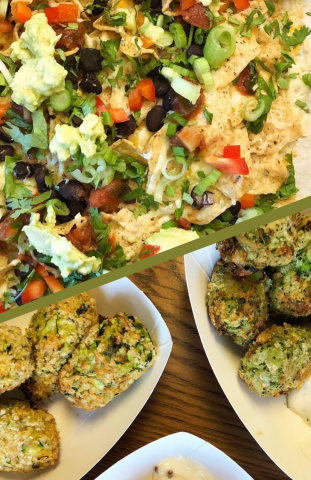 An image of nachos with many bright colored toppings next to an image of veggie tots