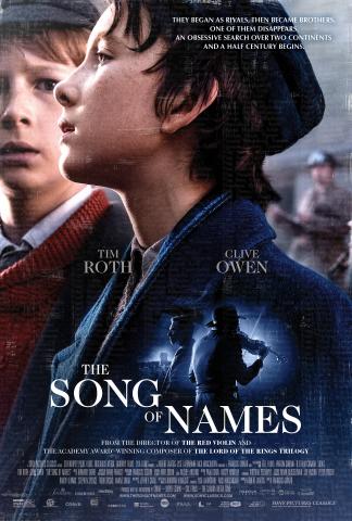 Poster for Film "Song of Names", two boys looking to the left, and an image of a man playing a violin