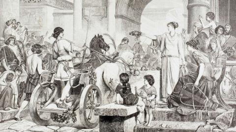 Artwork of Olympics from ancient times, a person on a horse is receiving a laurel from a woman on a stand 