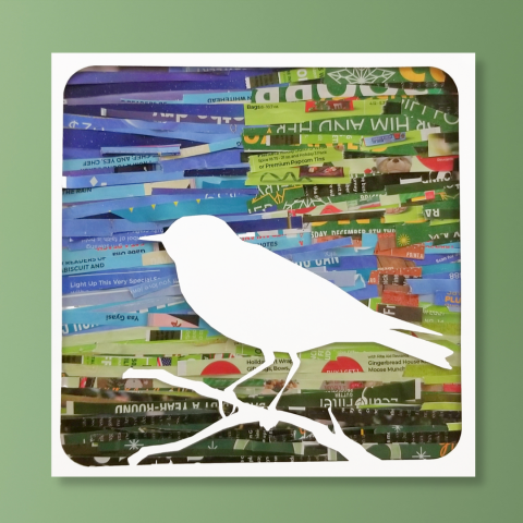 A white silhouette of a bird on a branch is overlaid on a blue and green collage of magazine paper strips depicting a tree on a hill