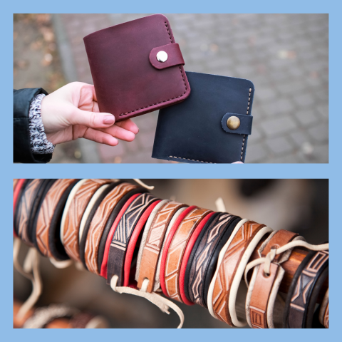 Two leather wallets- black and brown and several leather bracelets in assorted colors