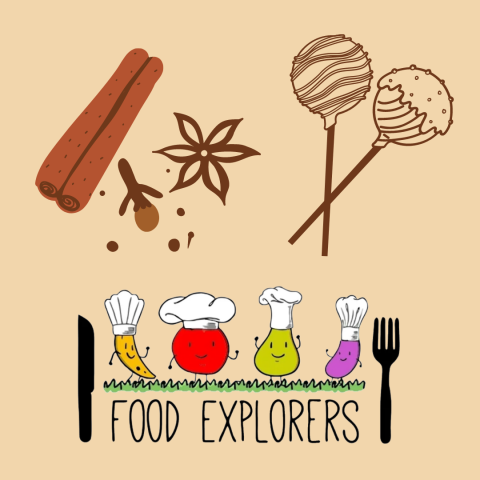 drawings of chai spices and cake pops with the Food Explorers logo (smiling veggies in chef hats)