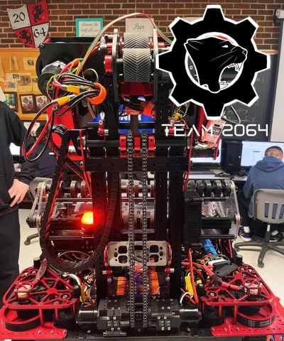 One of Team 2064's Robots overlaid with the team logo, a panther inside a gear with the text "Team 2064"