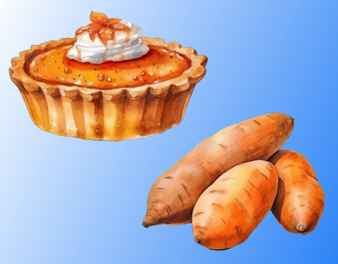 Illustrations of sweet potato pie and sweet potatoes