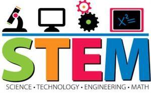 STEM graphic that reads Science Technology Engineering Math with icon of microscope, computer monitor, and math equation on whiteboard