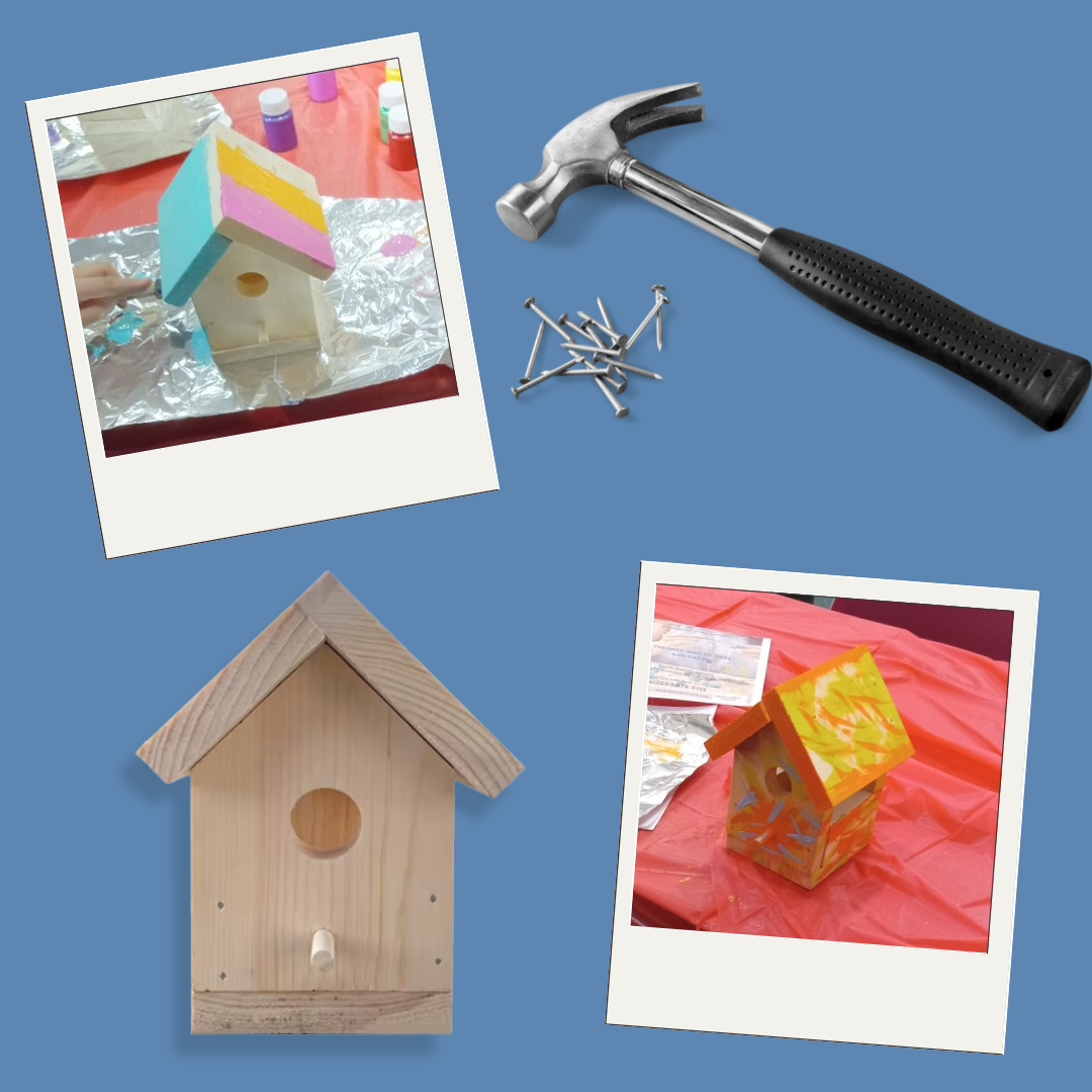 Examples of birdhouses past participants have made alongside a plain wood birdhouse and a picture of a hammer and nails