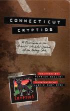 The book cover image for "Connecticut Cryptids." It is brown and styled to look like a labeled journal.