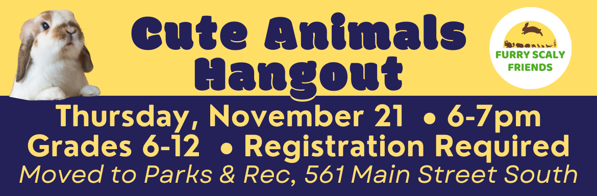 A yellow slide with a picture of a lop-eared rabbit and the text "Cute Animals Hangout, Thursday November 21, 6-7pm, Grades 6-12, Registration Required, Moved to Parks & Rec, 561 Main Street South"